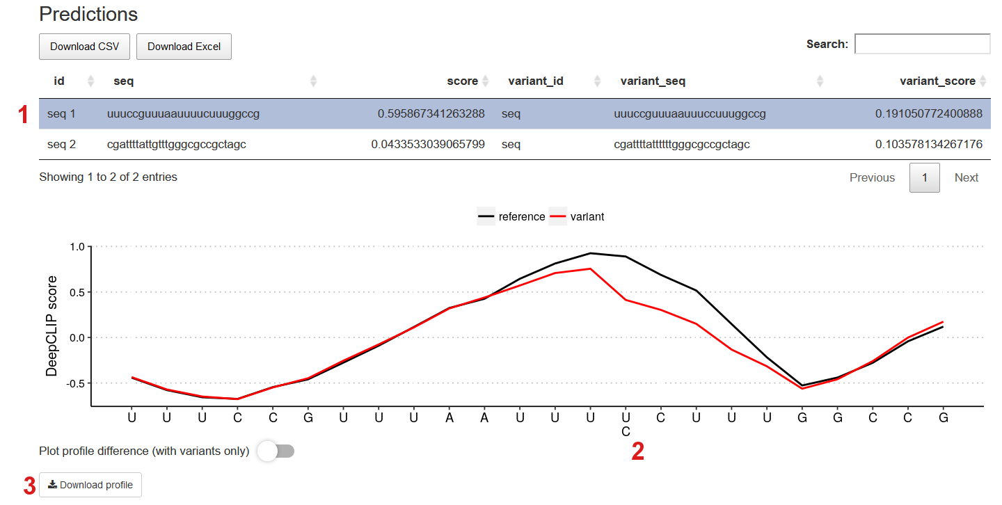 Screenshot of example prediction results in paired mode